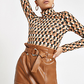 Brown paperbag waist pencil skirt